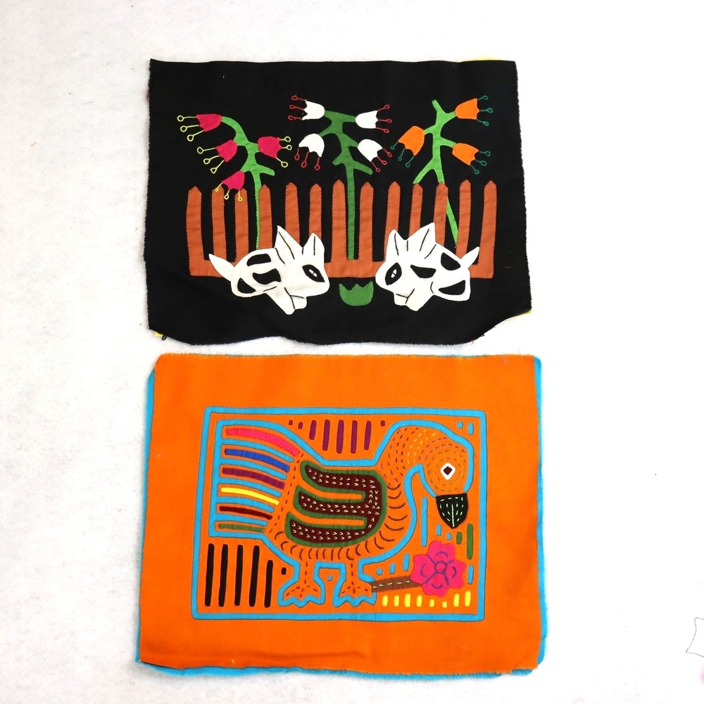 Vintage Kuna Mola Textile Panels Pair Folk‎ Art Animals